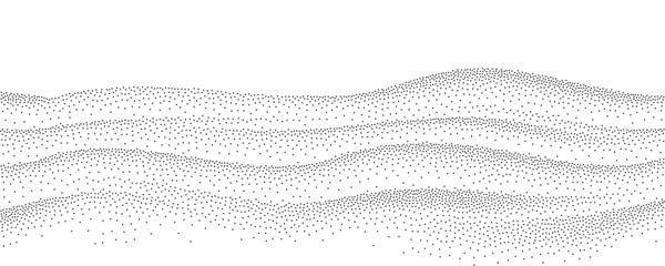 Abstract stippled winter snow valley, hills, mountains landscape. Black halftone dots particles wave pattern. Sand grain vector texture with speckles and granules isolated on transparent background © Olga Tsikarishvili