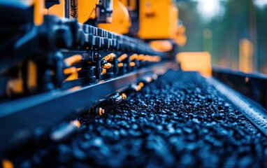 Close-up of railway construction machinery on gravel, showcasing intricate details and vibrant colors.