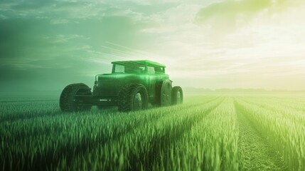 Fototapeta premium A vintage tractor in a green field under a dramatic sky at sunrise.
