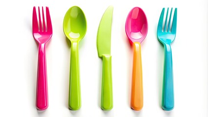 High-Quality Drone Photography of Plastic Cutlery Set - Isolated Fork, Spoon, and Knife on White Background for Food Industry, Tableware, and Eco-Friendly Content
