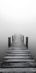 Wooden pier stretches into the fog above calm water evoking solitude and serenity in a minimalist setting