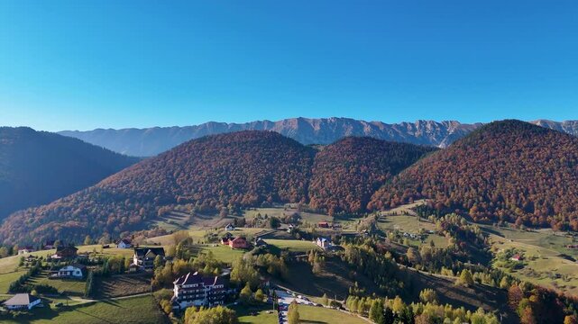 Autumn Aerial View Over Pestera Mountain Village, Tall Peaks, Romania, Europe