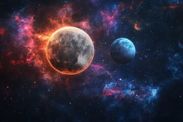 Two planets in vibrant cosmic nebula