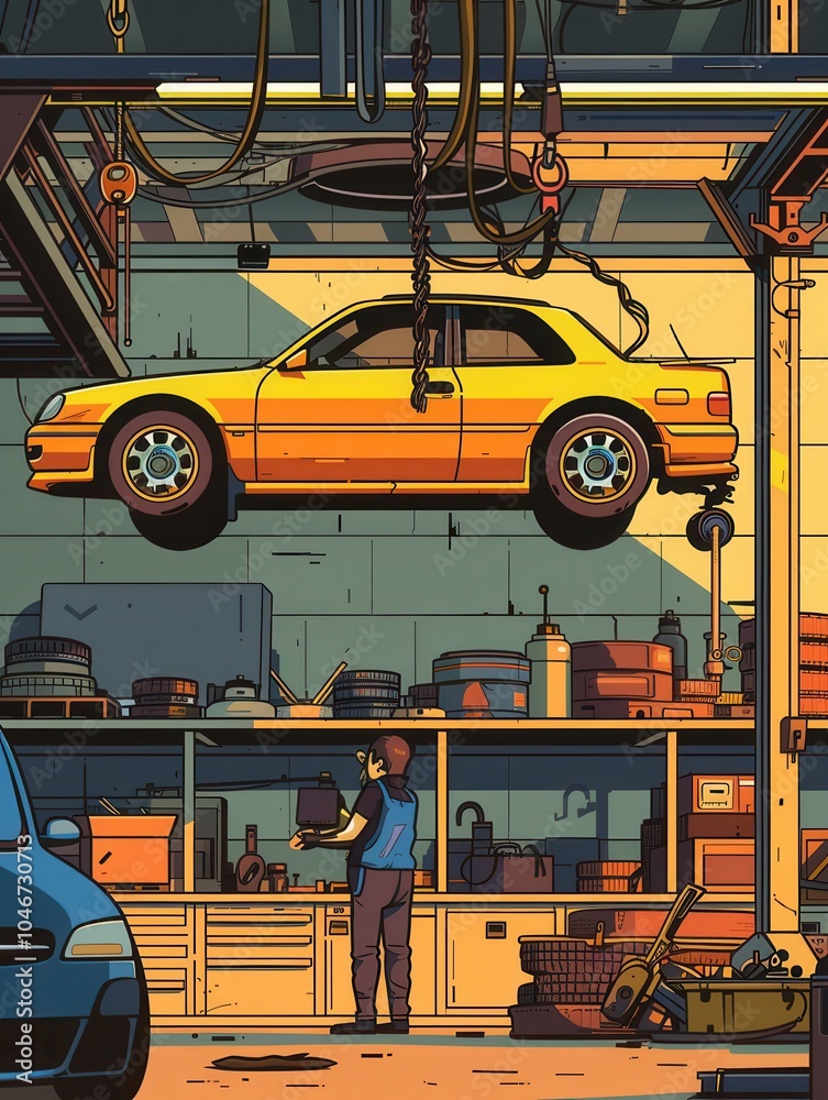Aufkleber A mechanic is focused on servicing a yellow car raised on a hoist, surrounded by tools and vehicle parts in a busy garage. Generative AI