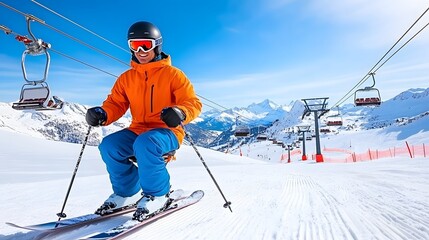 A skier in an orange jacket navigates a snowy slope under a clear blue sky, with ski lifts in the background.