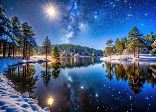 Long Exposure of Arareco Lake in Creel Chihuahua at Night, Winter Wonderland with Starry Sky and Reflections, Captivating Landscape Photography