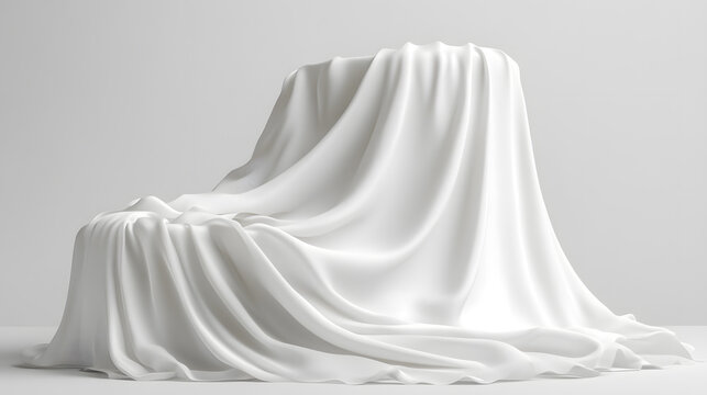 Podium covered with a piece of white silk drapery fabric, podium for product cosmetic presentation creative mock up 