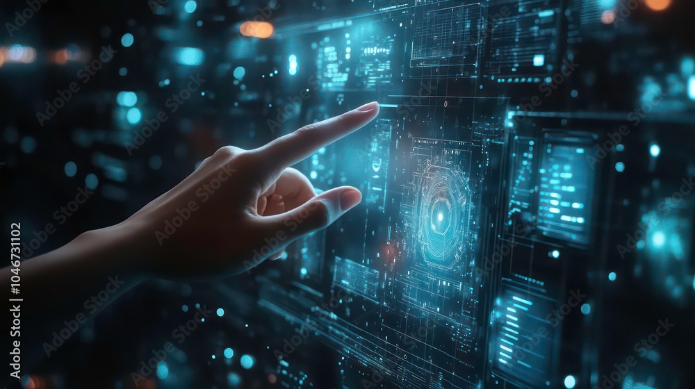 Aufkleber hand interacting with a futuristic digital interface.