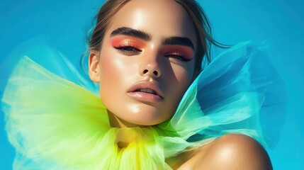 Fototapeta premium Elegant model with vivid makeup colorful scarf blue background