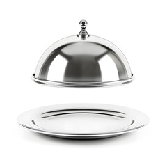 Obraz premium Silver serving cloche raised above empty plate, isolated on white background
