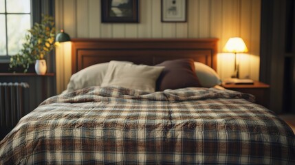 Cozy bed with a plaid comforter