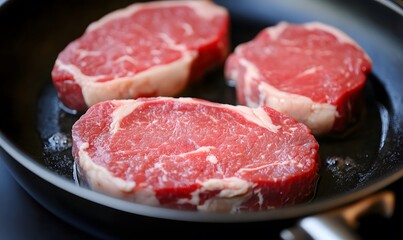 Marbled beef is seared in a skillet, Generative AI