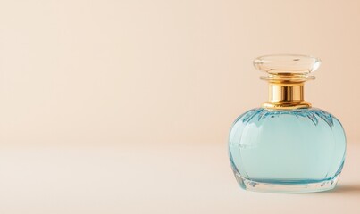 an elegant blue glass perfume bottle with a golden cap on a background with copyspace for advertisement