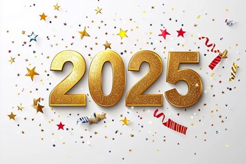Testo dorato 3D "2025" su sfondo bianco con stelle e  coriandoli. Concetto di Capodanno. Illustrazione vettoriale