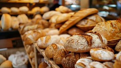 Freshly Baked Bread Loaves and Rolls Bakery Display of Varied Textures and Aromas, Inviting You to Enjoy Fresh Selection of Baked Goods.