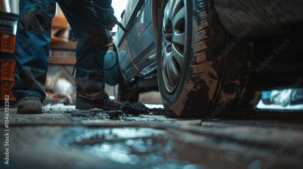 Poster A technician works on replacing a flat tire in a garage, with wet surfaces reflecting the light from overhead. Generative AI