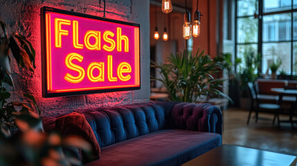 A vibrant neon flash sale sign lights up a stylish lounge area with lush plants and comfortable seating, creating an inviting atmosphere for shoppers
