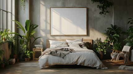 Cozy bedroom with a blank canvas on the nightstand