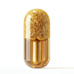 Golden capsule with glitter, isolated on white background.