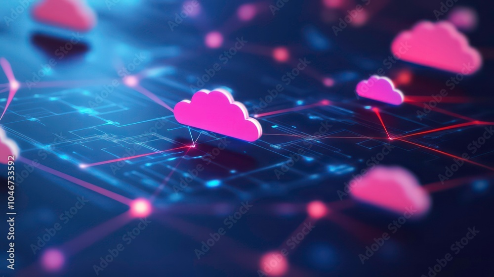 Leinwandbilder pink cloud icons on a network of blue and red lines, representing cloud computing and data storage.