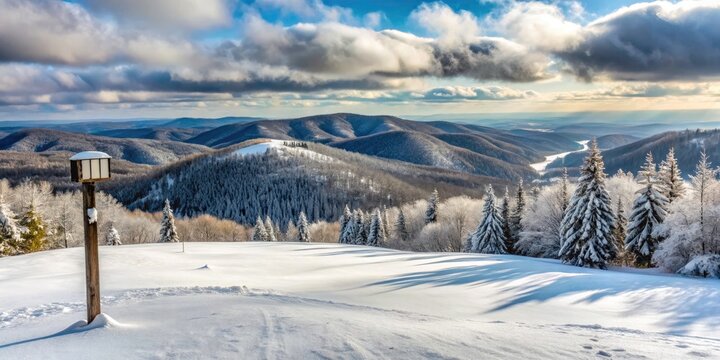 Minimalist Black Diamond Ski Slopes of Widowmaker and Sawmill in Snowshoe, West Virginia with Direction Sign at Allegheny Mountain Peak