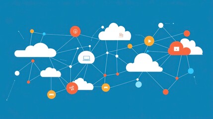 Abstract illustration of cloud computing network with icons representing data storage, sharing, and access.