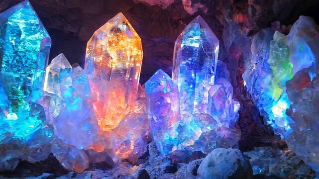 Glowing crystals in a cave, illuminated by colorful lights.
