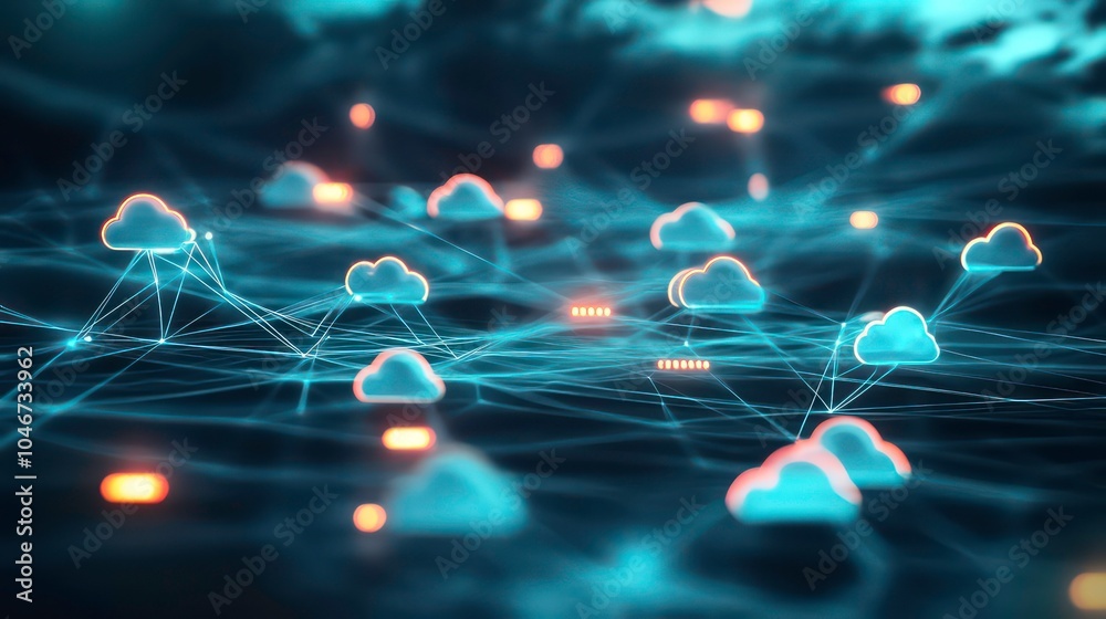 Aufkleber A network of glowing cloud icons connected by lines on a dark blue background.