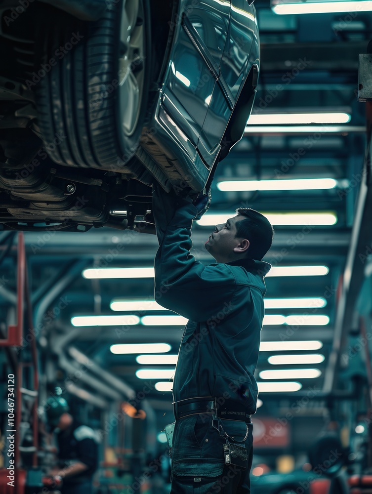Aufkleber A mechanic inspects and works on a vehicle positioned on a hoist in a busy automotive repair shop during the day. Generative AI