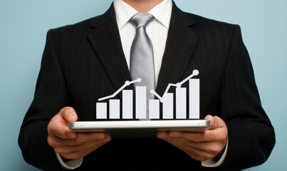 Businessman Holding a Tablet with a Digital Financial Chart and Graph Icons on a Blue Background, Representing Stock Market Growth or Business Upward Curve Concept