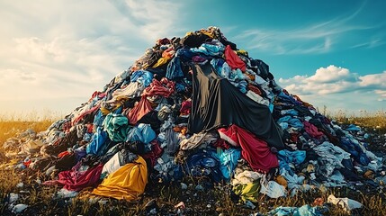 A large pile of discarded clothing in a landfill