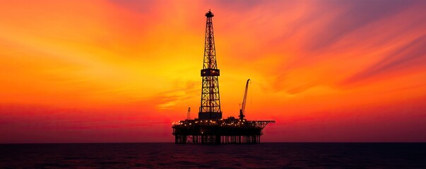 Obraz premium Oil rig silhouette against a vibrant sunset sky, showcasing energy and industry.