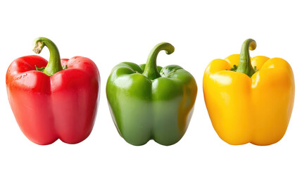 Vibrant trio: fresh red, green, and yellow bell peppers on white background