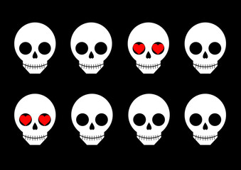 seamless pattern with skulls and hearts on black background