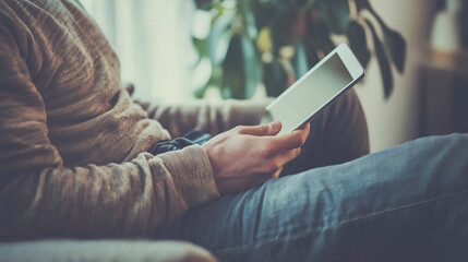 Casual Man Relaxing at Home on a Couch with a Tablet