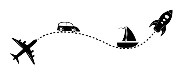 Fototapeta premium Travel agency concept illustration. Rocket, airplane, car, boat vector illustration. Travel, transport concept illustration to use for tourism, summer holiday, business travel projects. 