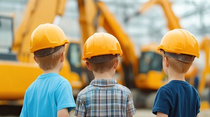 Three children wearing safety helmets watching construction machinery.