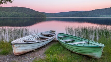 Obraz premium Two Wooden Rowing Boats On The Lake Shore Amidst Lush Green Reeds, Tranquil Sunset Scenery.