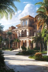 Symbolic luxury real estate featured in a grand mansion in a coastal tropical city.