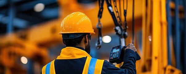 Worker operating crane controls in a busy industrial environment, wearing safety gear, focused on the task.