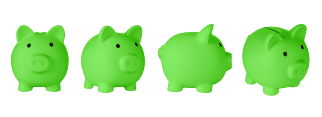 Set Piggy bank pig Green color on isolated white background close up