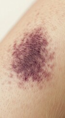 Fototapeta premium Close up of bruise mark on tender skin dark purple center transitioning into pale yellow edges skin texture enhanced swelling slightly raised