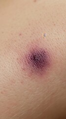 Fototapeta premium Close up of bruise mark on tender skin dark purple center transitioning into pale yellow edges skin texture enhanced swelling slightly raised