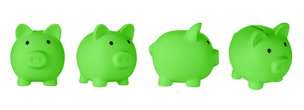 Set Piggy bank pig Green color on isolated white background close up