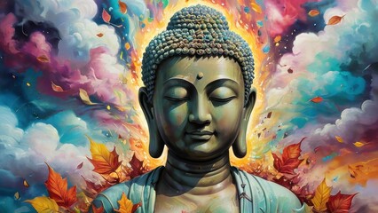 A serene Buddha statue surrounded by vibrant autumn leaves and colorful swirls, symbolizing peace and tranquility in nature