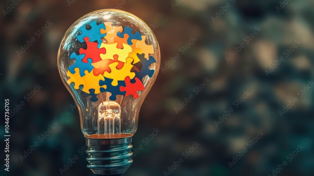 Poster A light bulb filled with colorful puzzle pieces, representing the concept of innovative thinking and problem solving.