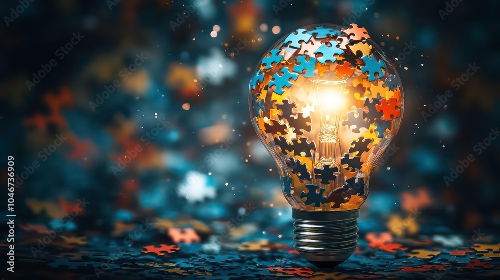 Aufkleber a light bulb made of colorful jigsaw puzzle pieces, with a glowing light inside. the bulb is sitting