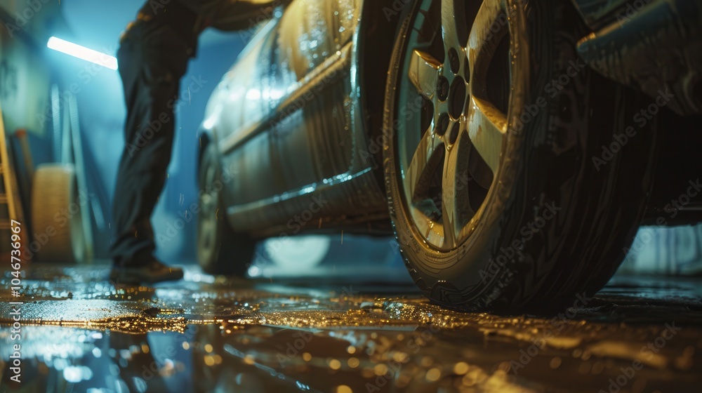 Poster a person is changing a tire on a car in a workshop, surrounded by puddles and tools, as rain falls o