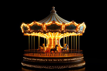 3d festively decorated Christmas carousel with horses isolated on black background
