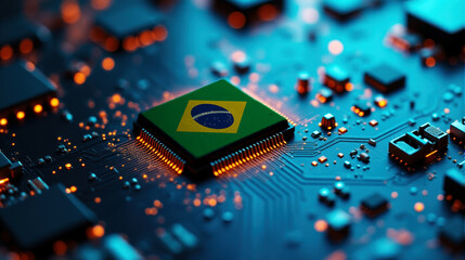 A Brazil themed chip is placed on a detailed circuit board, with glowing connections that emphasize influence in electronics, computing, and tech innovation.